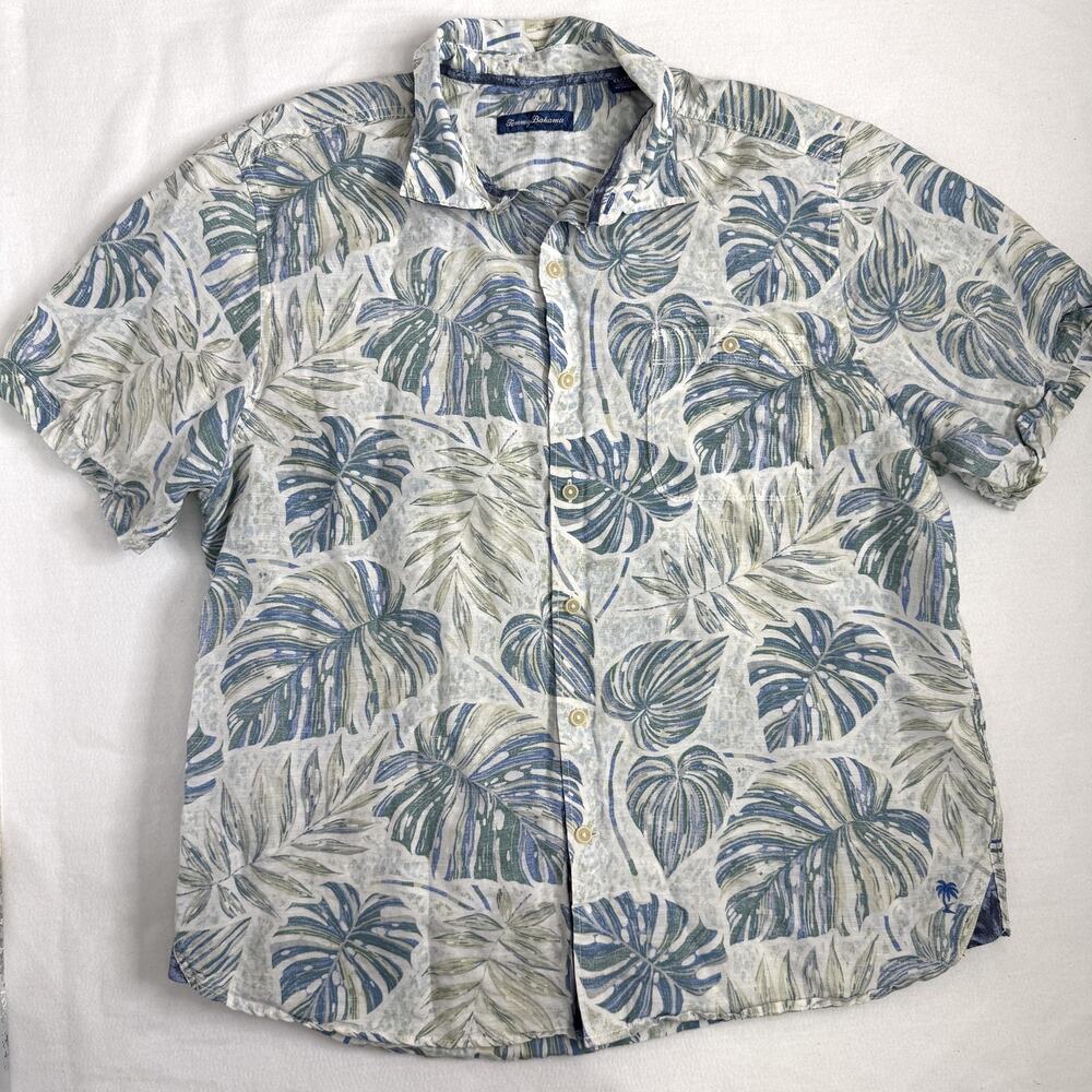 Tommy Bahama Shirt Mens XL Linen Blue Green Palm Tropical Hawaiian Short Sleeve